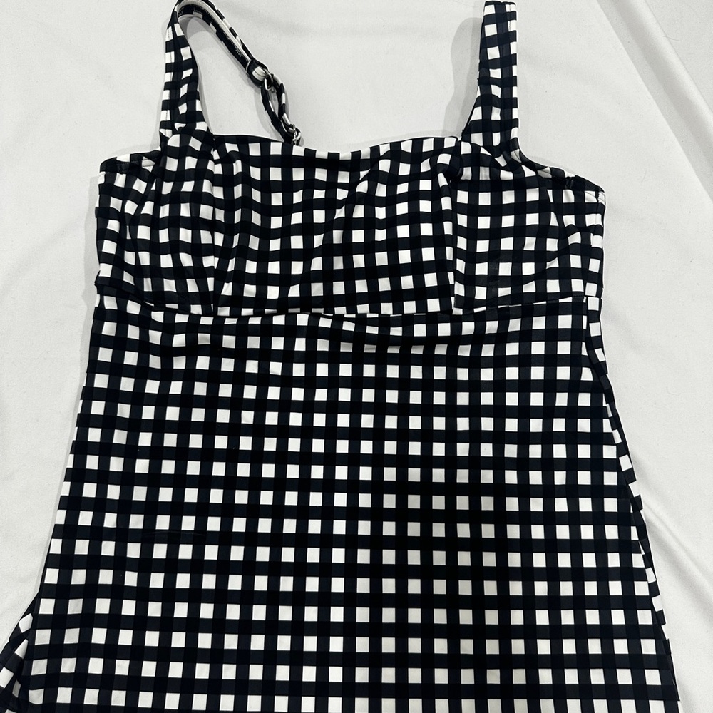 Lands’ End Tankini Swim Top Black White Gingham Check Size 6 UPF 50 NWT